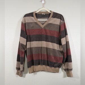 Vintage Campus Sweater Striped V-Neck Pullover Brown Red Neutral Fleece Women L